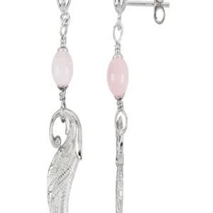 Ohrstecker Rosenquarz-Kugel, Flügel, 4,4cm, rhodiniert