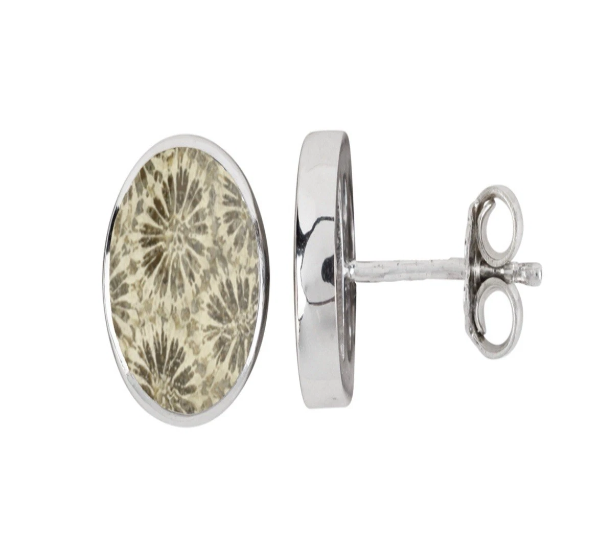 Ohrstecker versteinerte Koralle rund (12mm), 1,4cm, platiniert