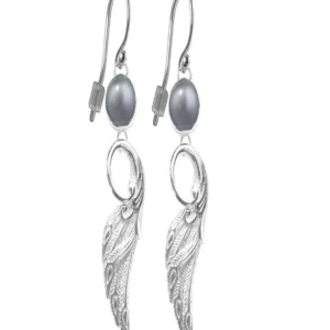 Ohrhänger Perle grau, Flügel, 3,8cm