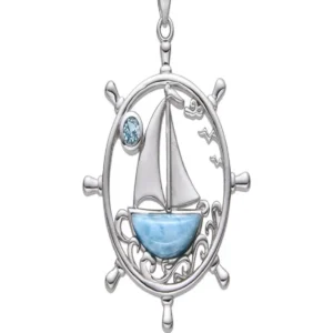 Anhänger Larimar, Steuerrad, 3,9cm, rhodiniert